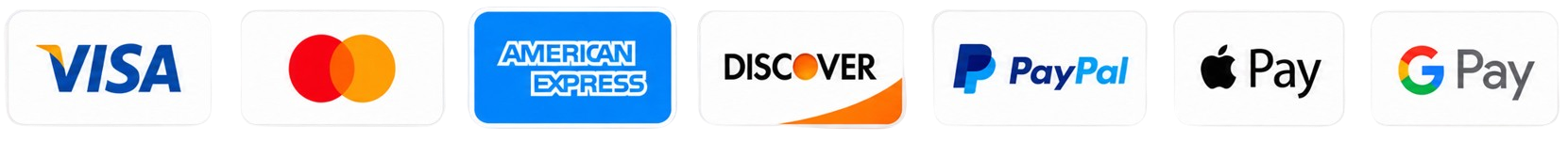 Accepted payment methods: Visa, Mastercard, American Express, Discover, PayPal, Apple Pay, Google Pay