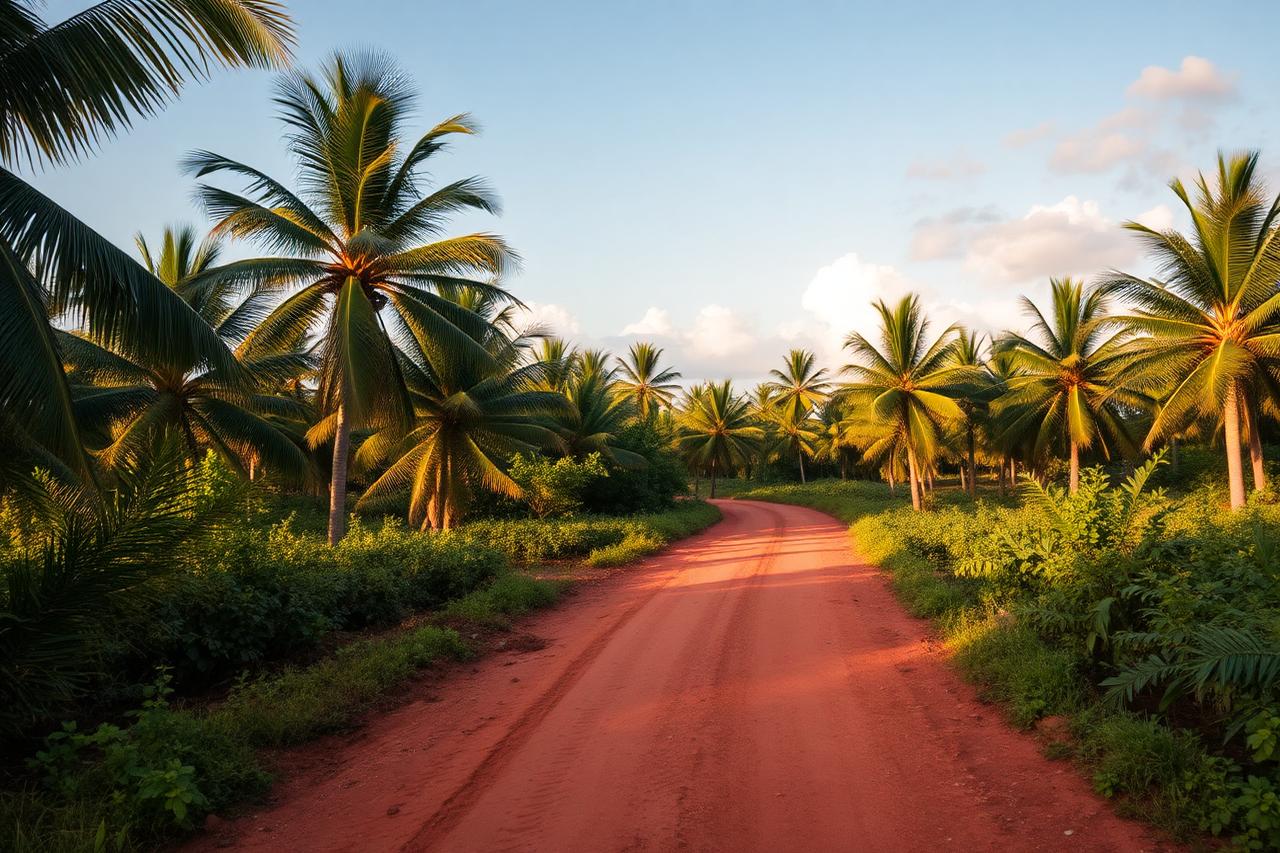Red-dirt road between farms and palm trees in Bávaro, Punta Cana